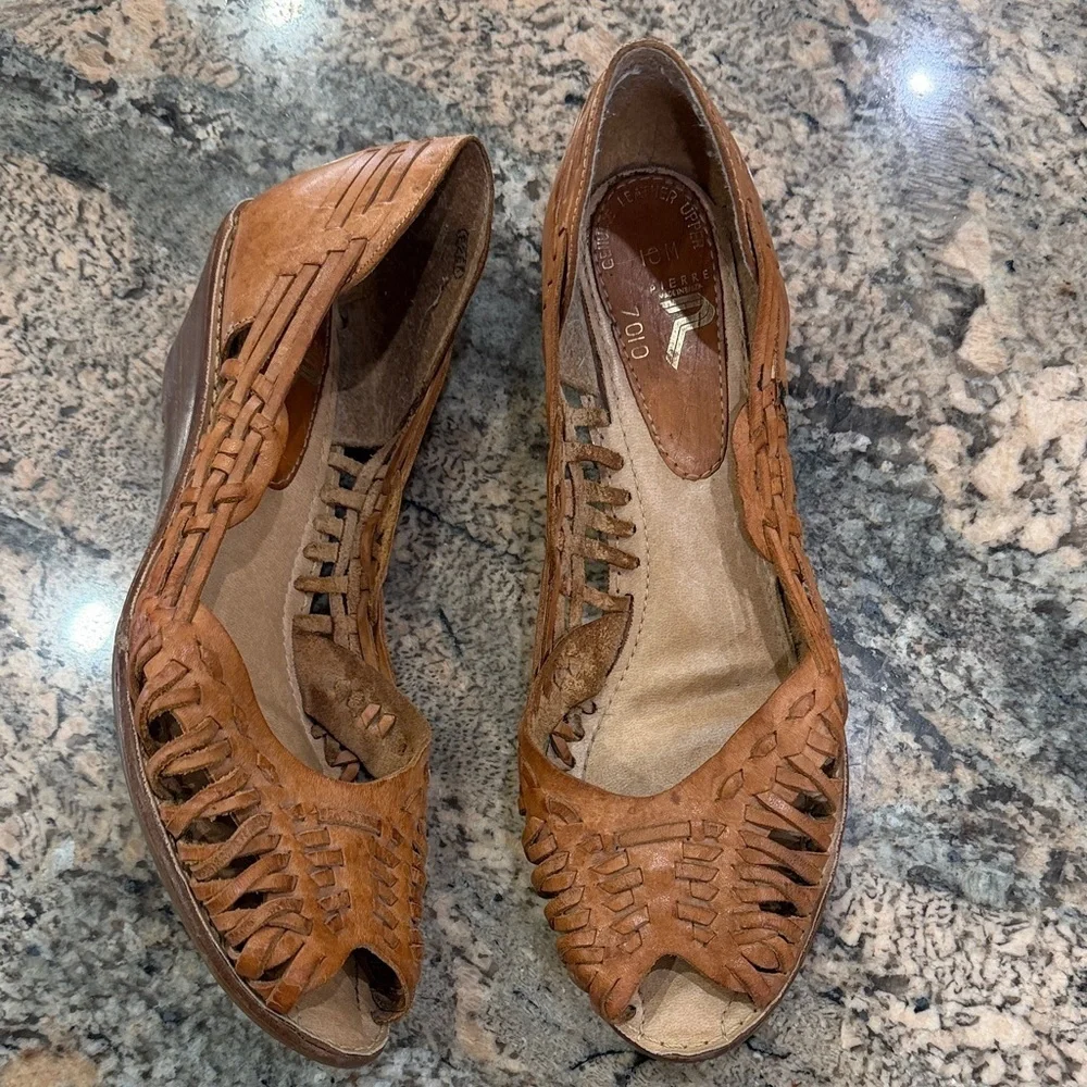 Elegant Tan Leather Peep-Toe Wedges